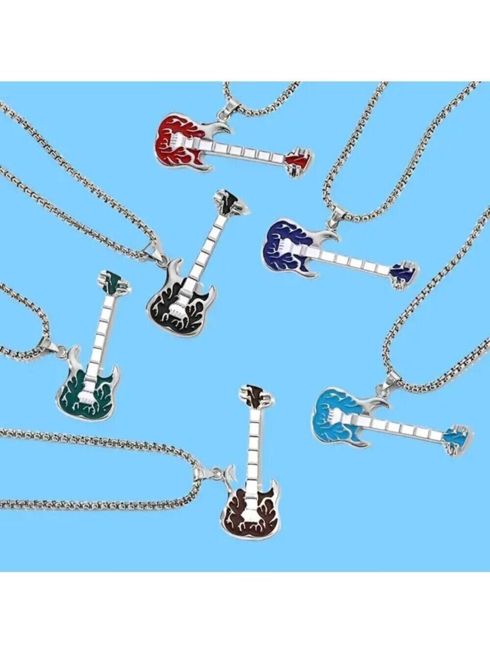 Emerald Green Flaming Guitar with White Neck Rocker Necklace and Pendant 1559 - Picture 16 of 16
